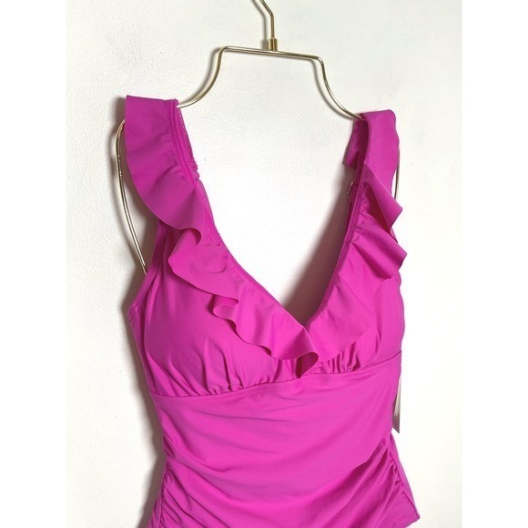 DKNY Womens Ruffled One Piece Swimsuit Adjustable Straps Medium NWT - Picture 2 of 13